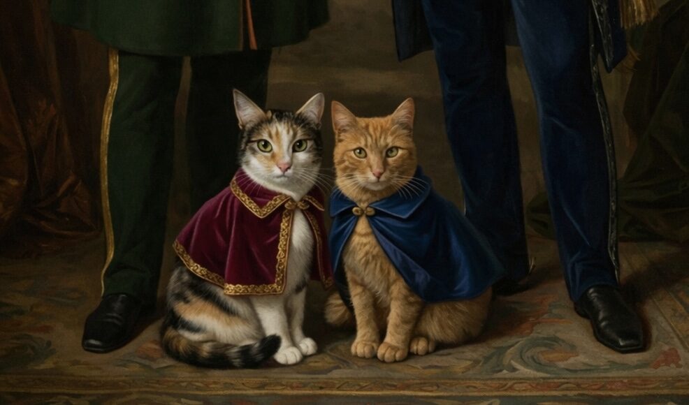 Painted portrait of Marlon and Maisel wearing velvet capes, sitting at the feet of two men in formal dress